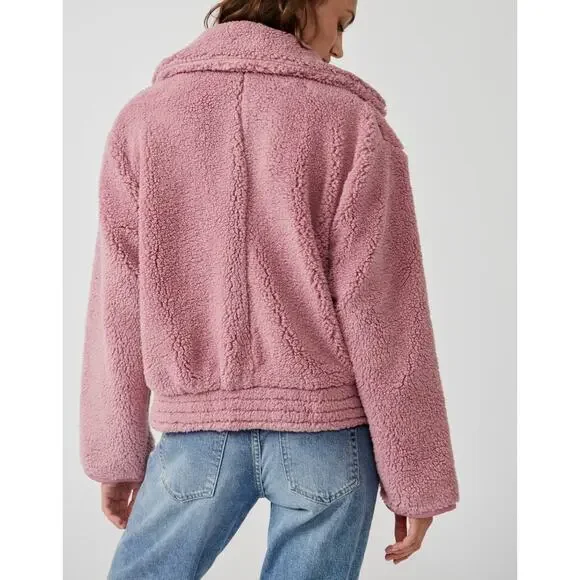 Free People Joplin Faux Fur Cozy Teddy Jacket Smoked Pink Size Large NWT Slouchy